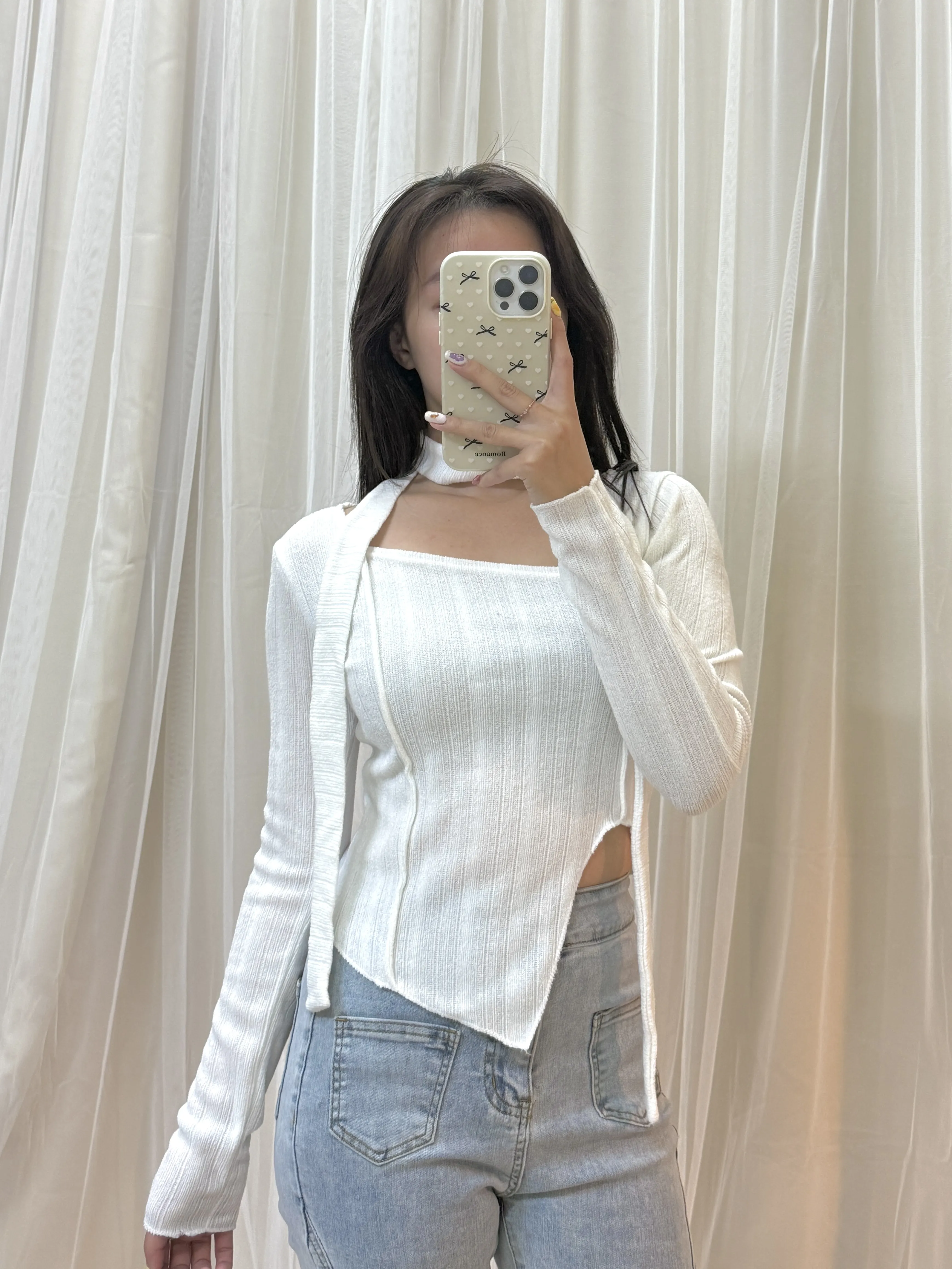 正韓-氣質溫柔掛脖不規則下擺上衣