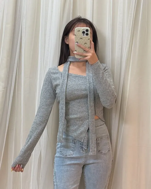 正韓氣質溫柔掛脖不規則下擺上衣