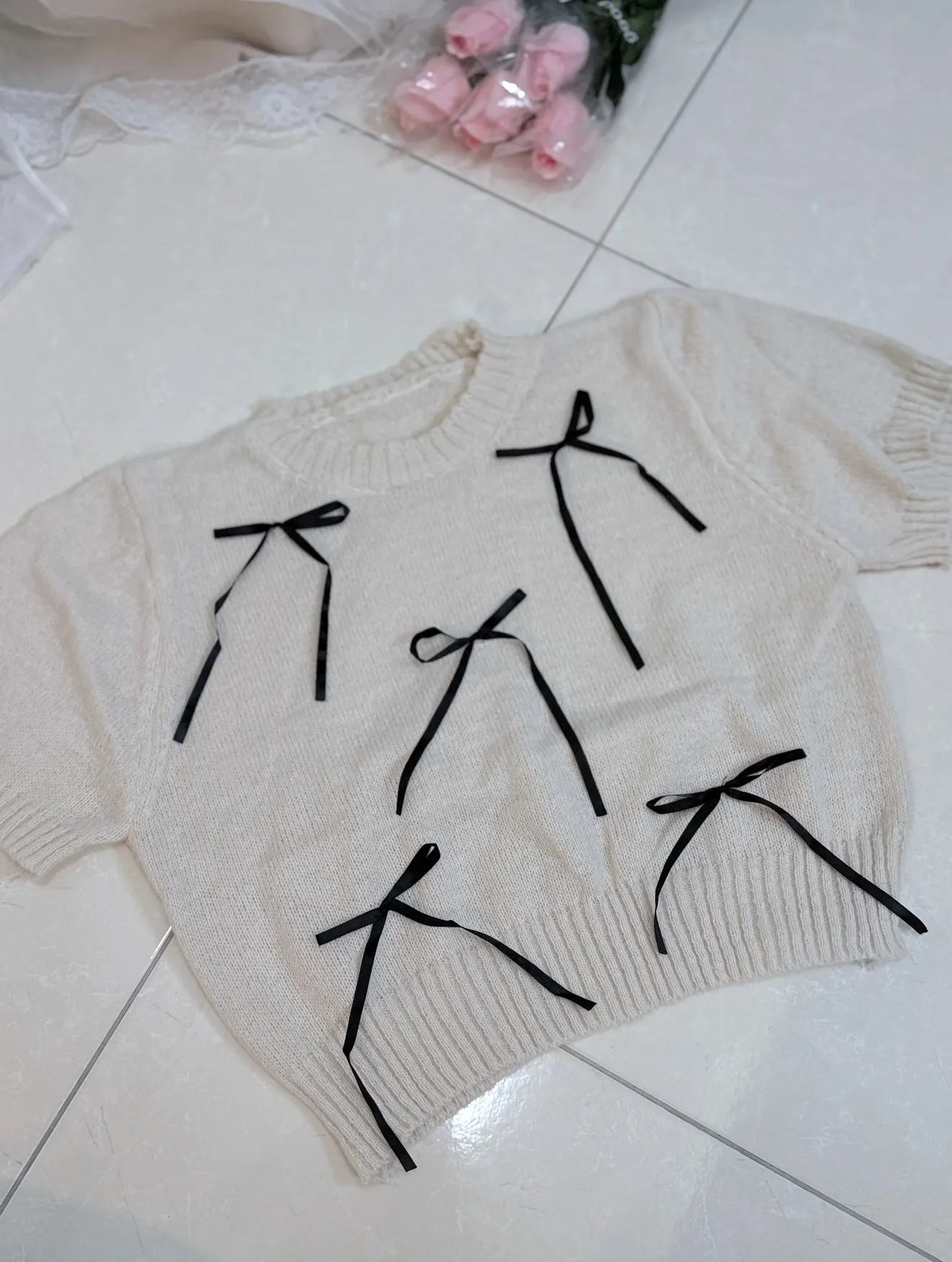 公主氣質-蝴蝶結甜美短款針織短袖上衣