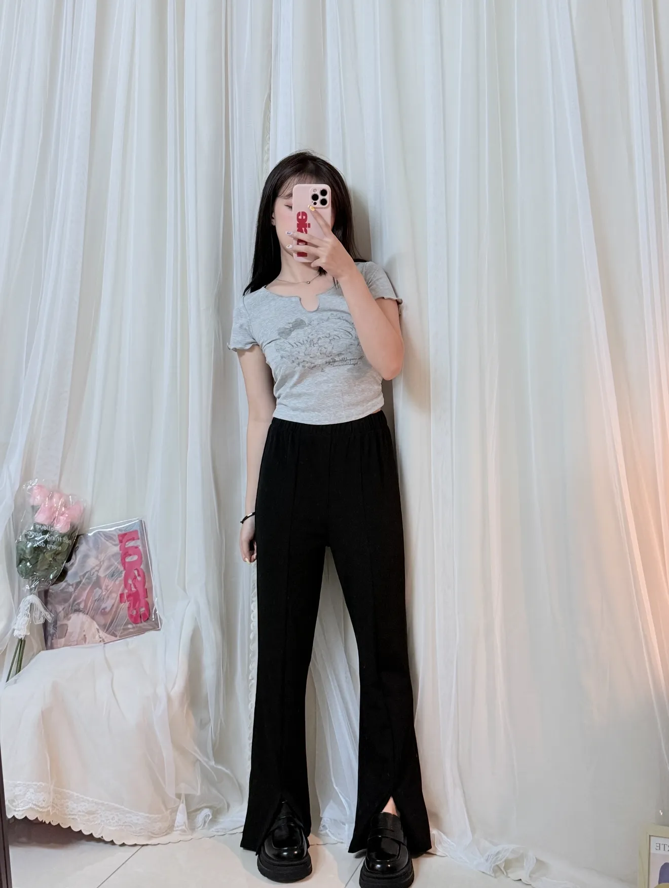 超級顯瘦-開衩微喇叭長褲