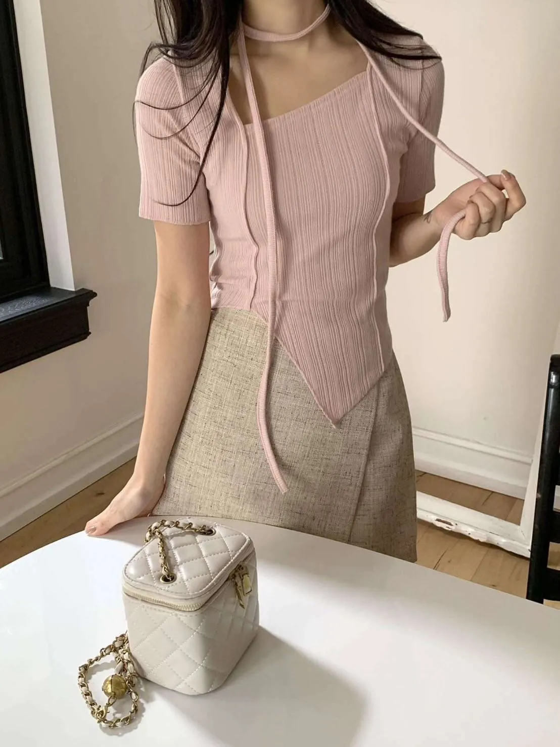 正韓飄帶掛薄針織衫