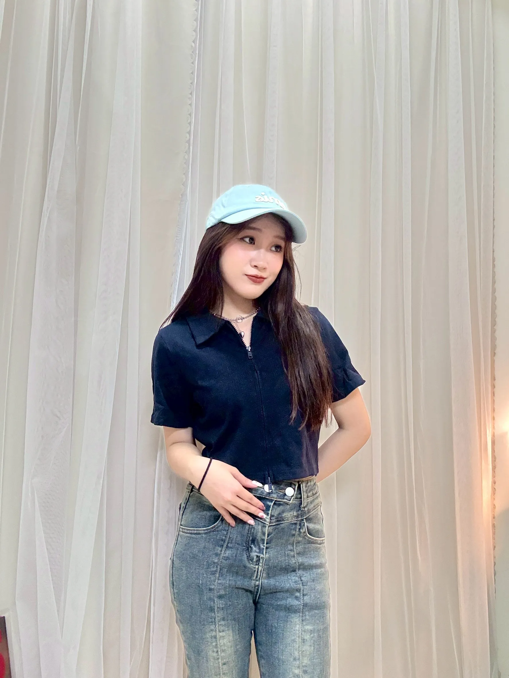 韓系穿搭-翻領雙拉鍊涼感短袖上衣