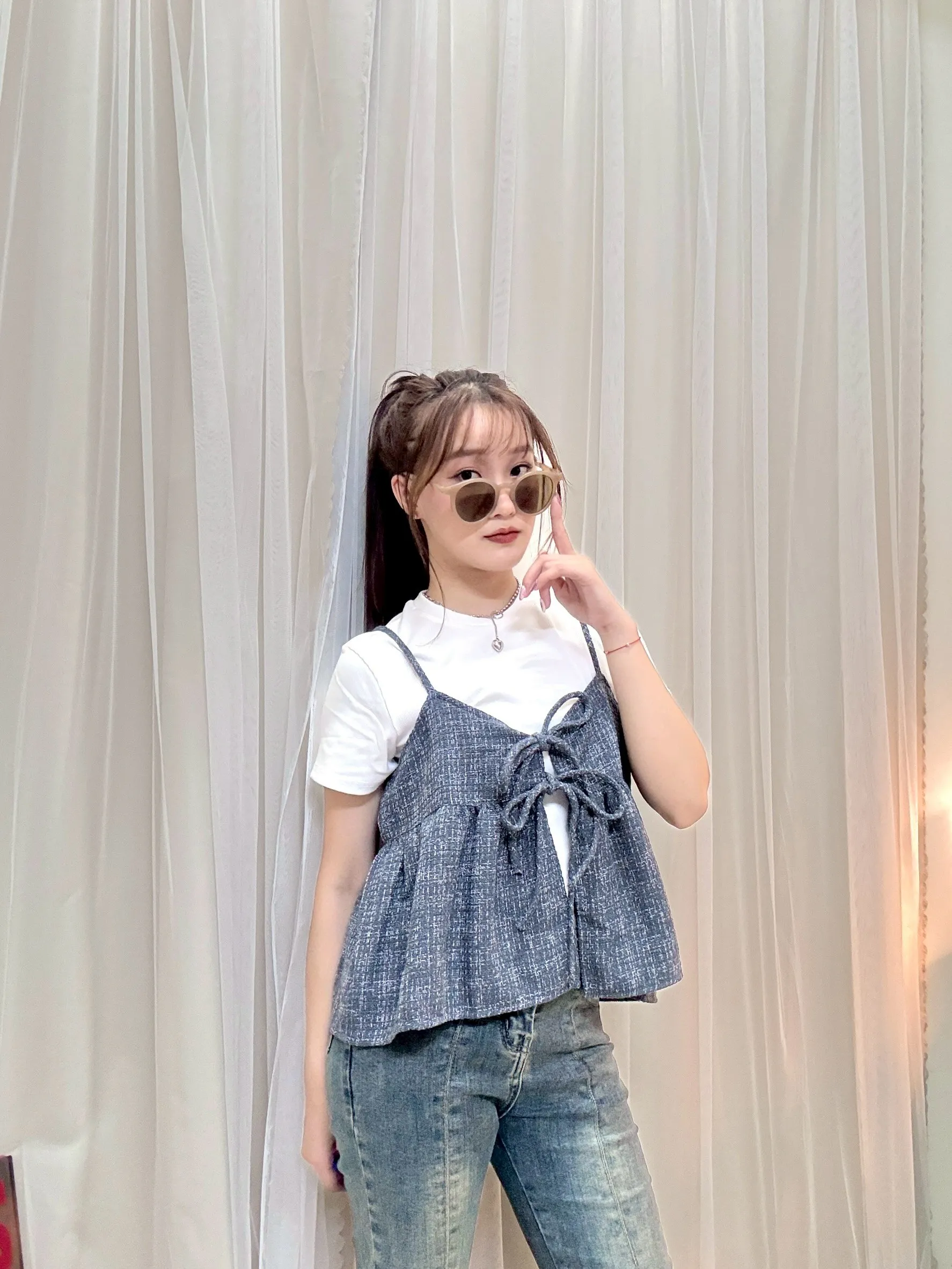 日系疊穿-細肩小香格紋雙綁帶背心