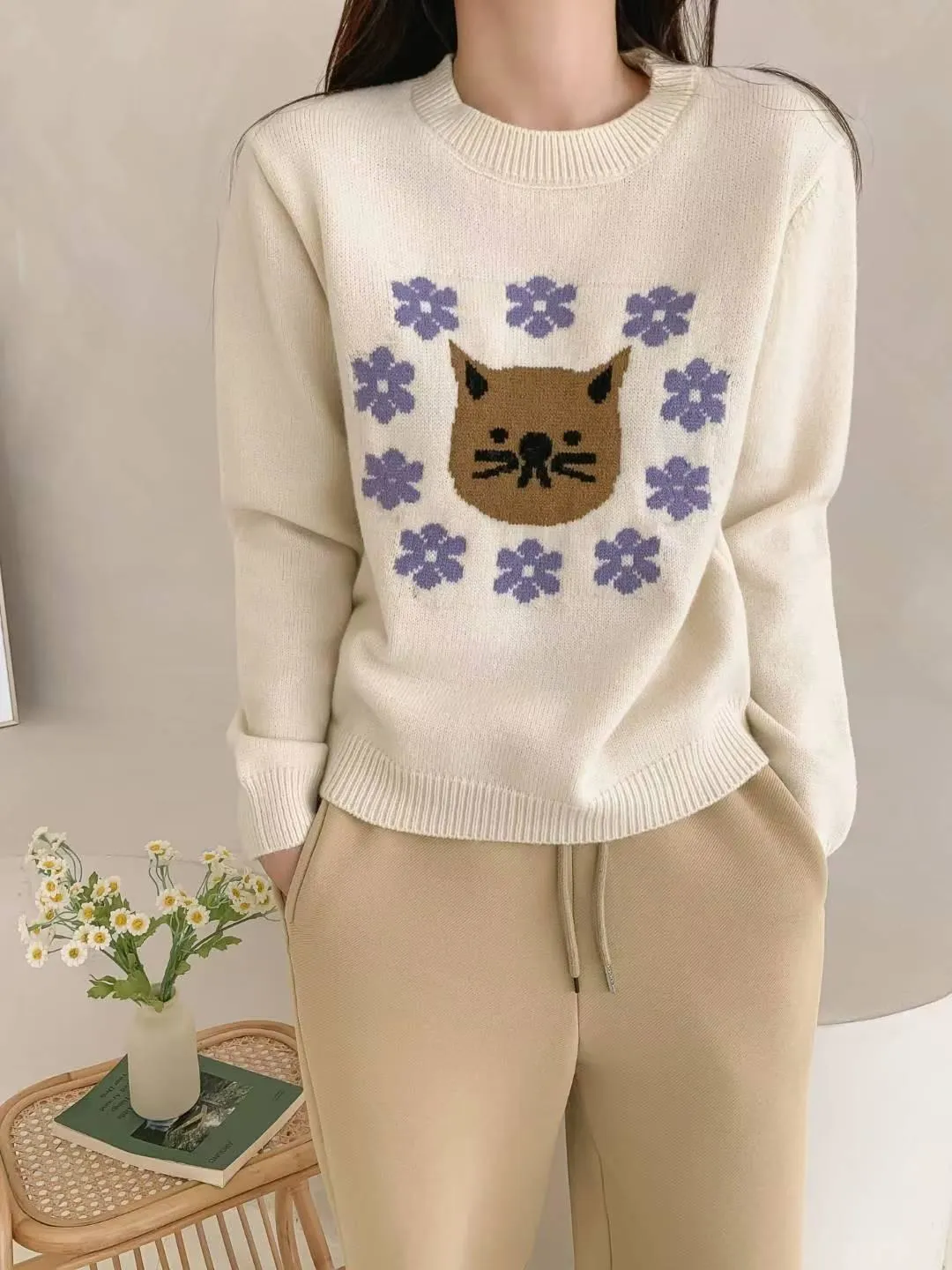 正韓花圈貓咪毛衣