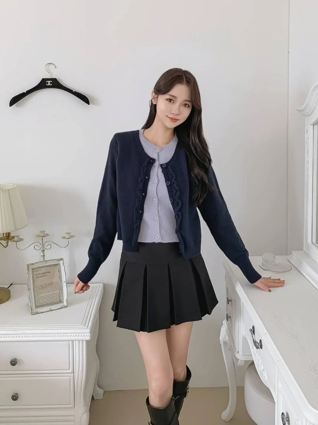 正韓假兩件木耳邊針織上衣