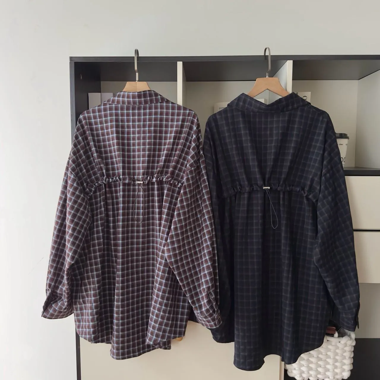 後抽繩雙色格子襯衫