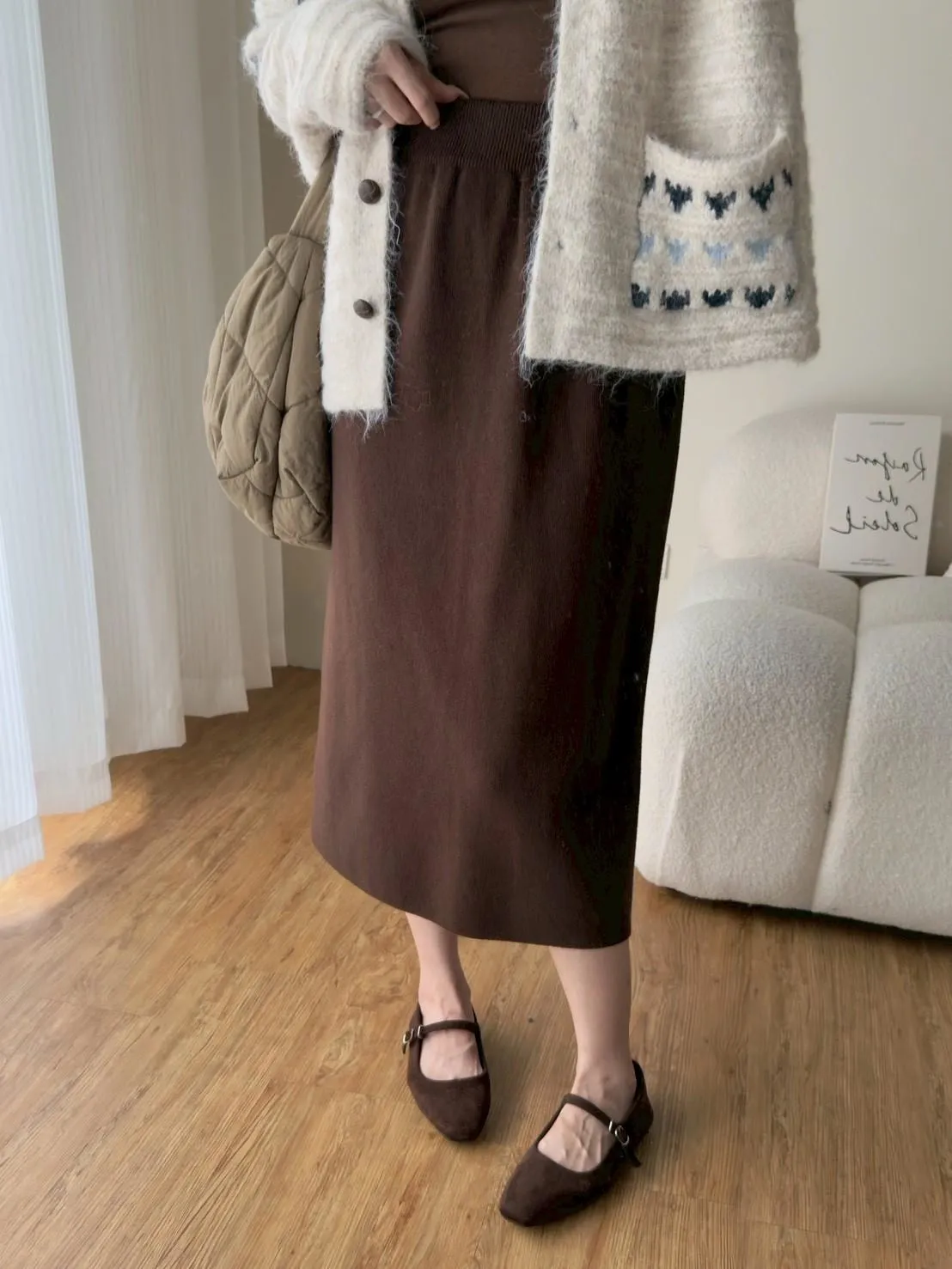 苞芯紗針織後開衩百搭長裙