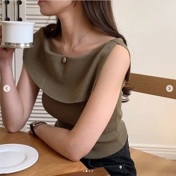 正韓亞麻羅紋針織一字領