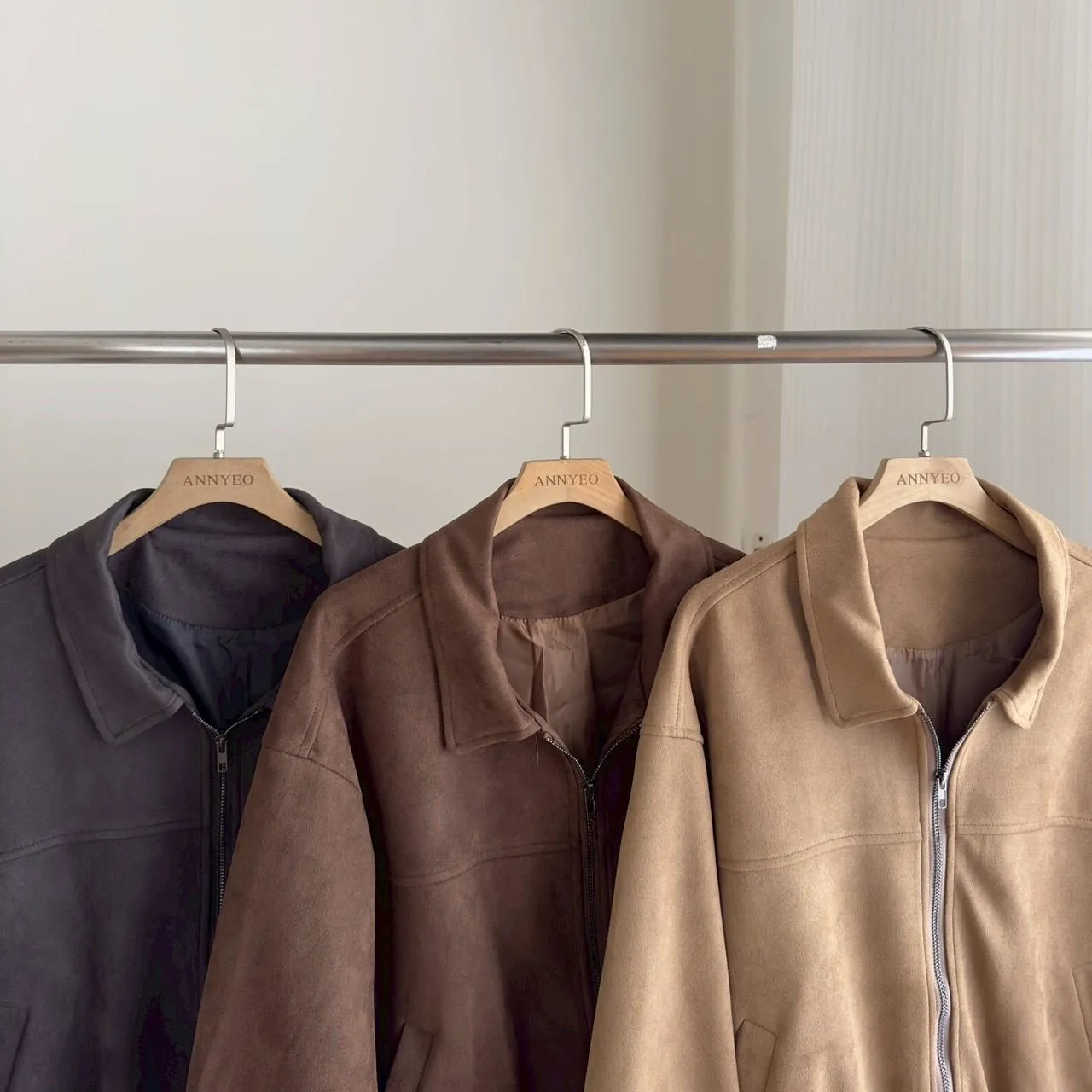 翻領麂皮拉鏈外套