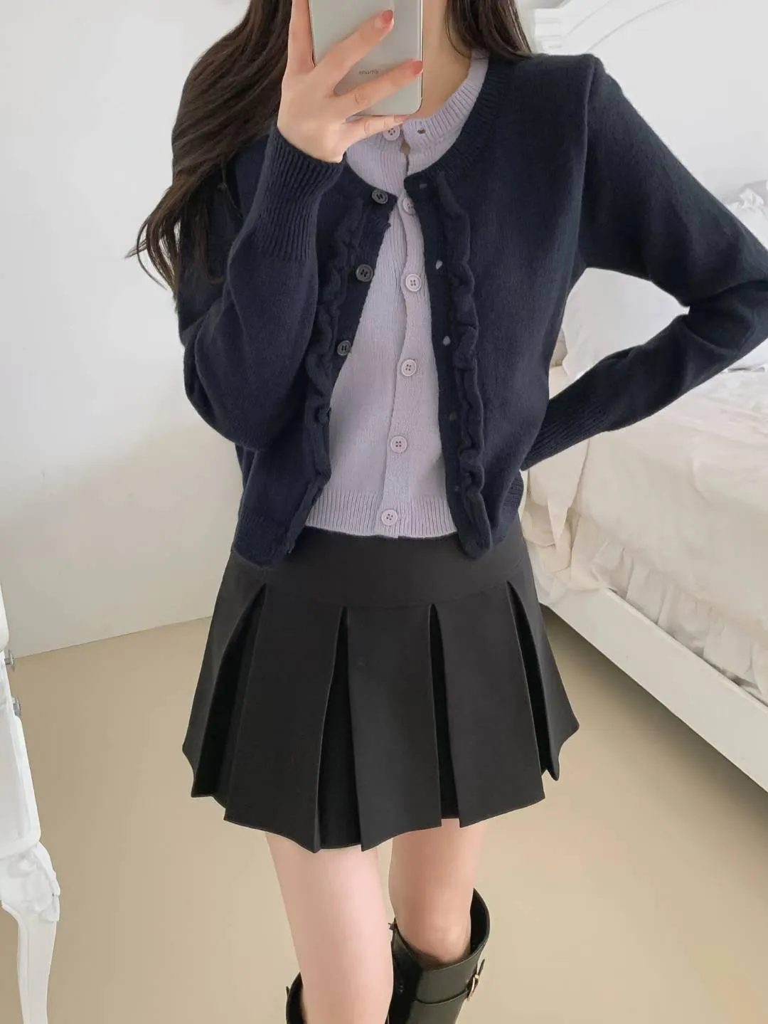 正韓假兩件木耳邊針織上衣