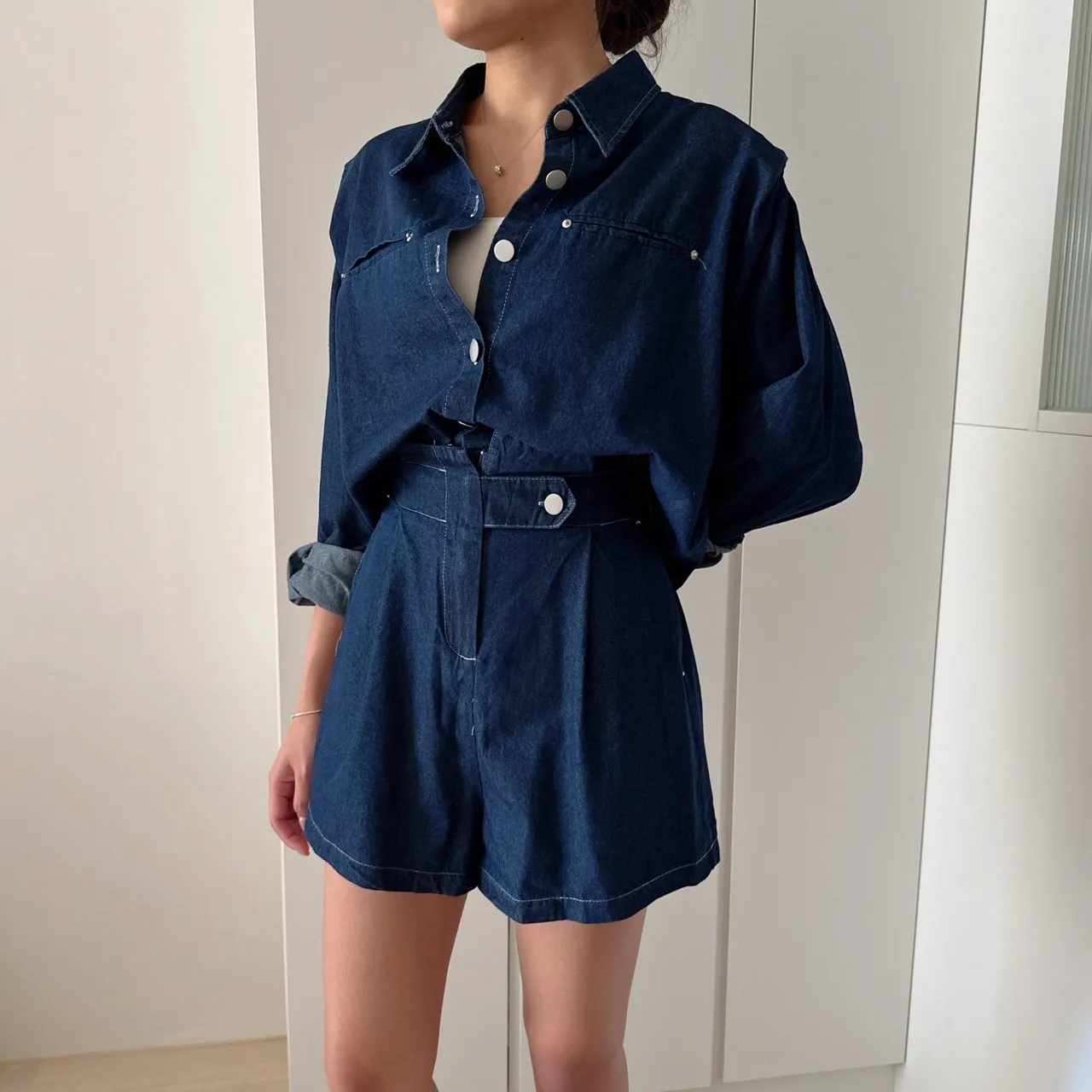 懶人穿搭-軟牛仔輕布襯衫顯瘦套裝