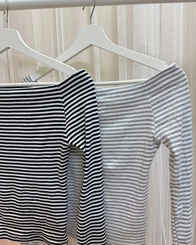 正韓條紋一字領修身上衣