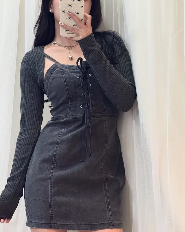 正韓彈力牛仔綁繩洋裝