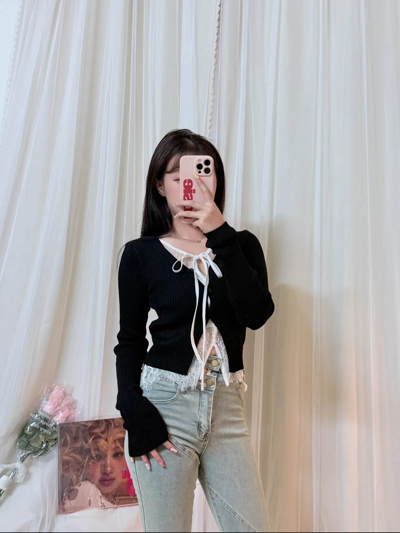 Threads爆紅-假兩件蕾絲拼接針織開衫氛圍感上衣