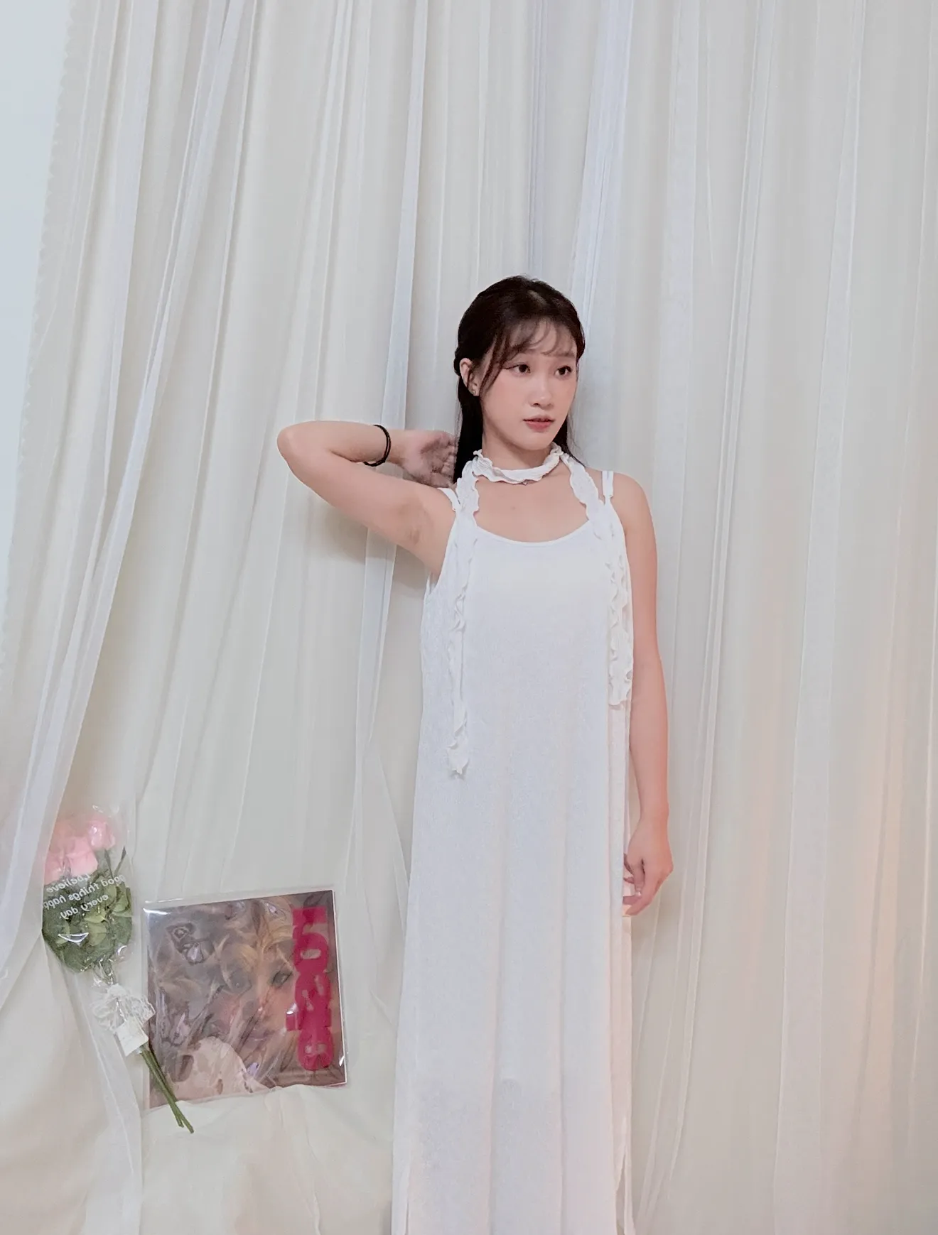 仙女必備-細肩捲捲絲帶水波紋洋裝