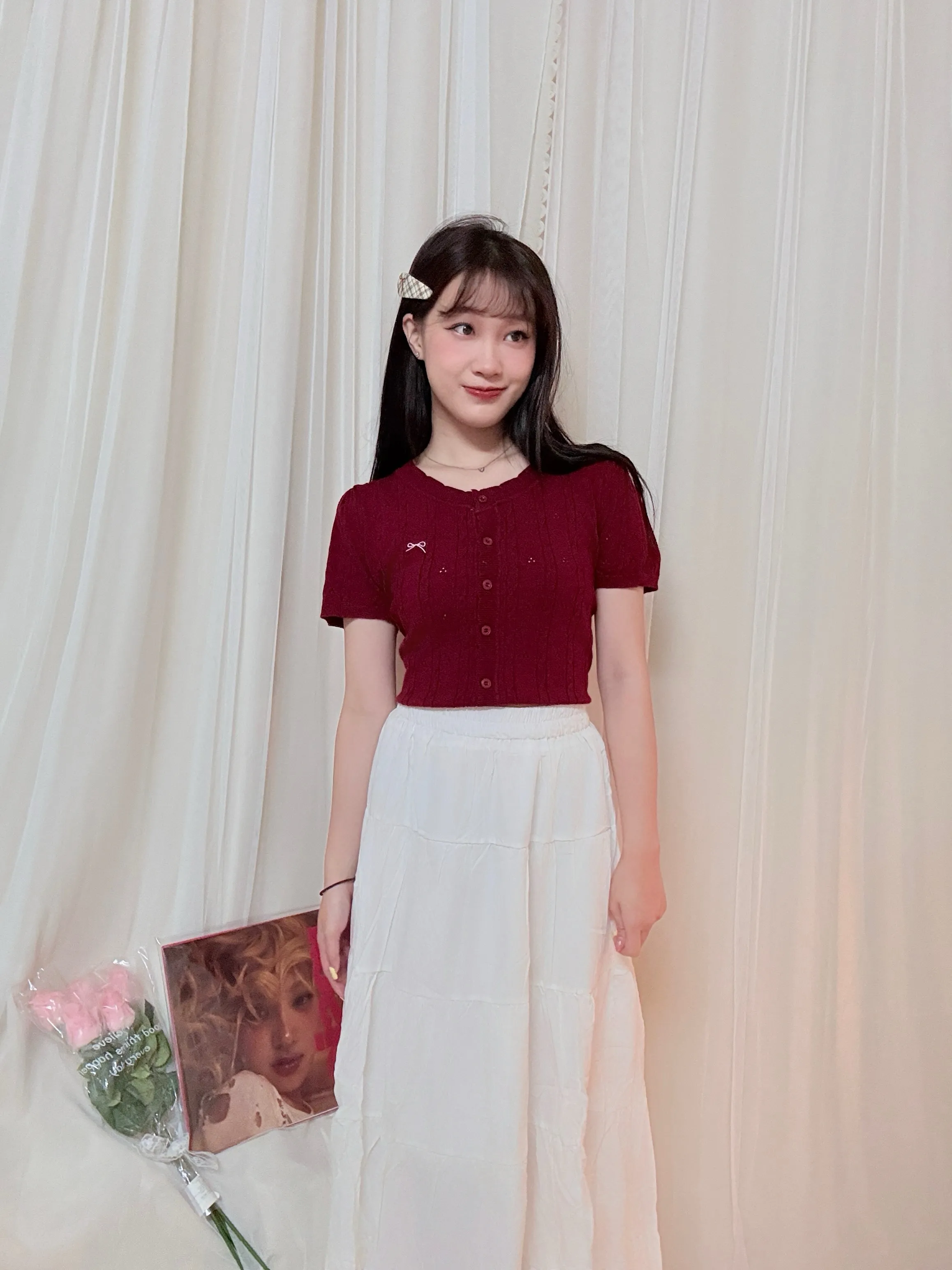 溫柔氣質-韓系鏤空針織蝴蝶結刺繡上衣