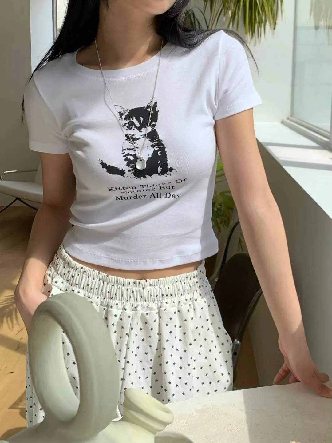 正韓陰影貓咪修身短袖上衣