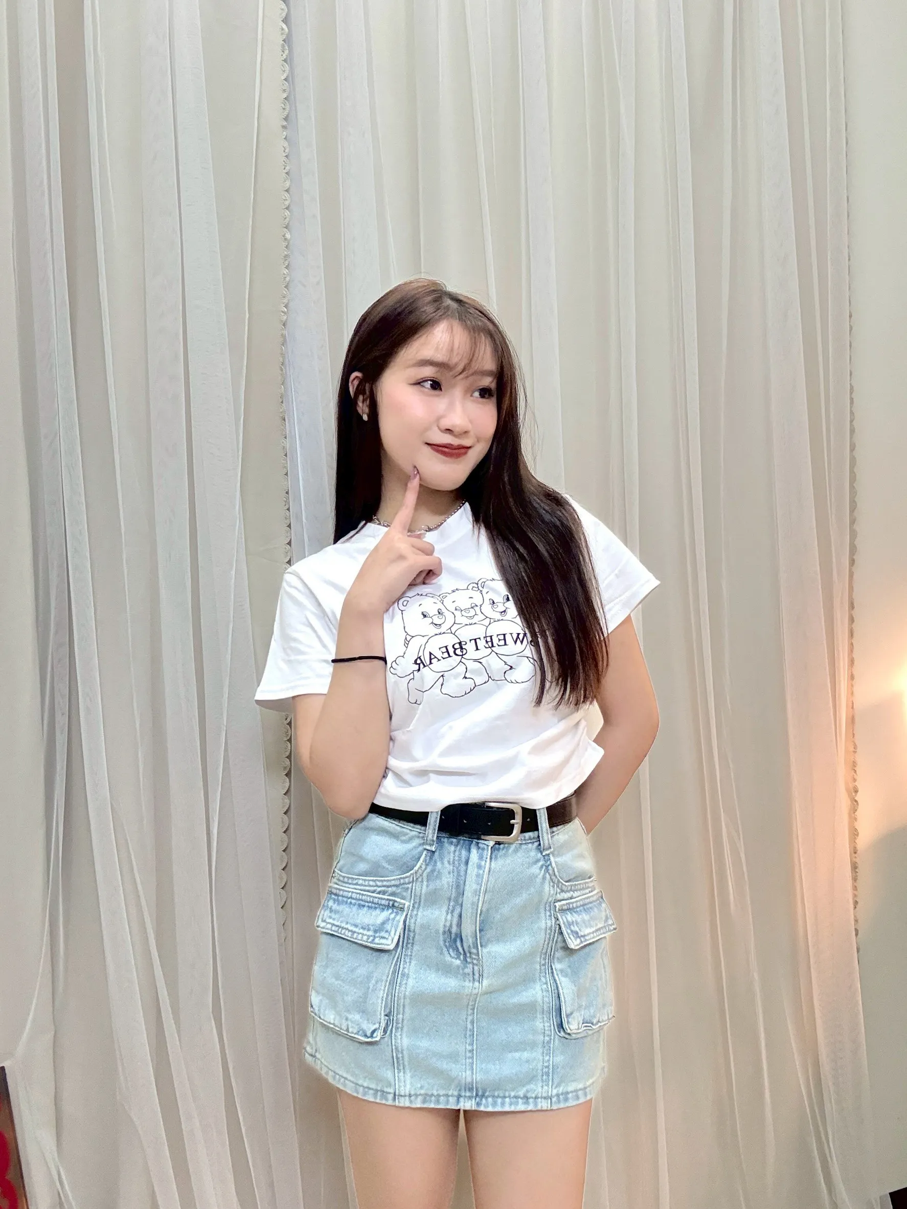 不透白T-正韓側抓皺彩虹熊上衣