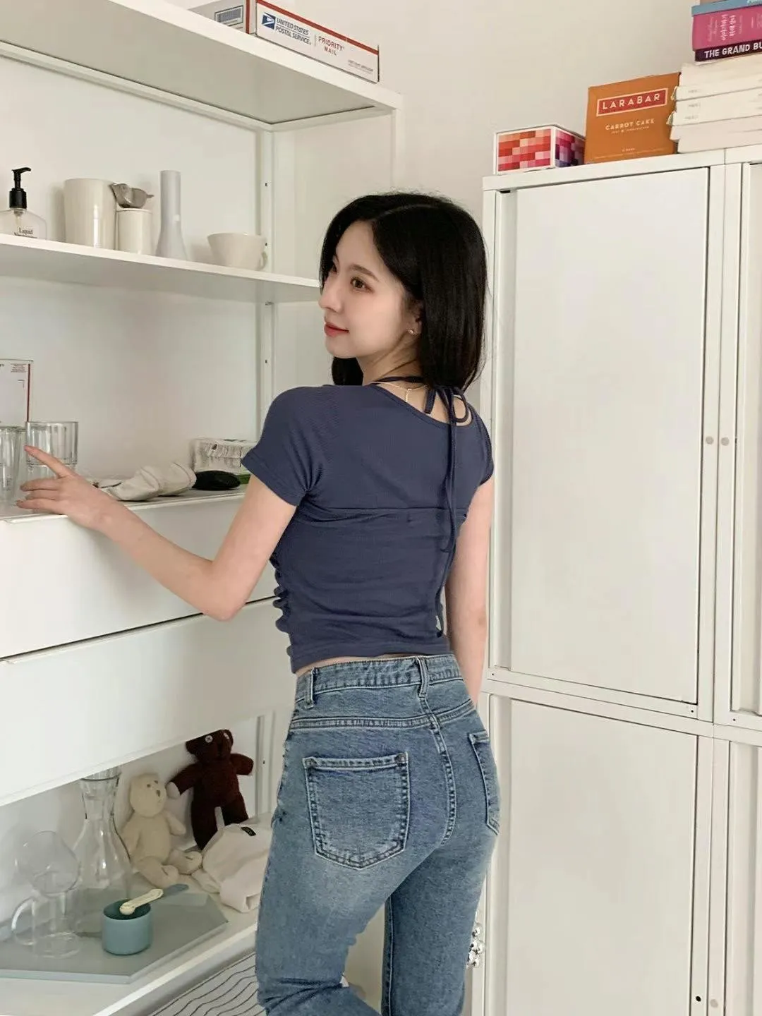 正韓假兩件側抓皺綁帶上衣