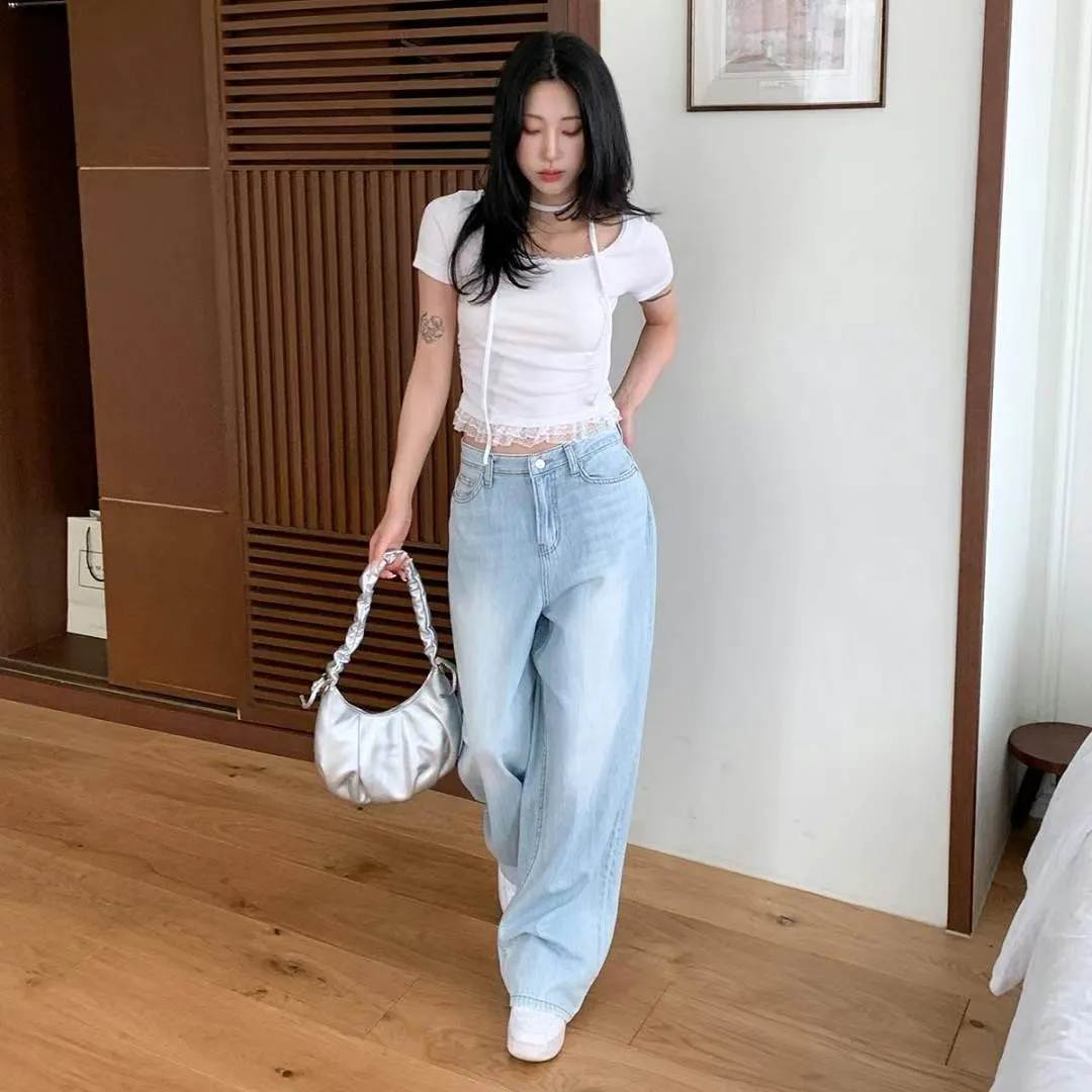 正韓蕾絲邊附飄帶抓皺上衣