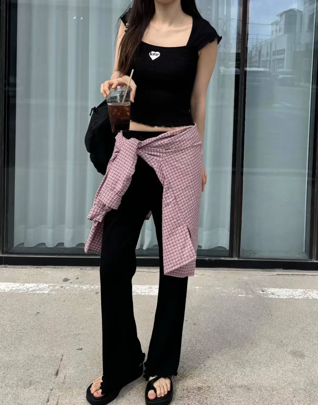 正韓華夫格方領印花荷葉邊上衣