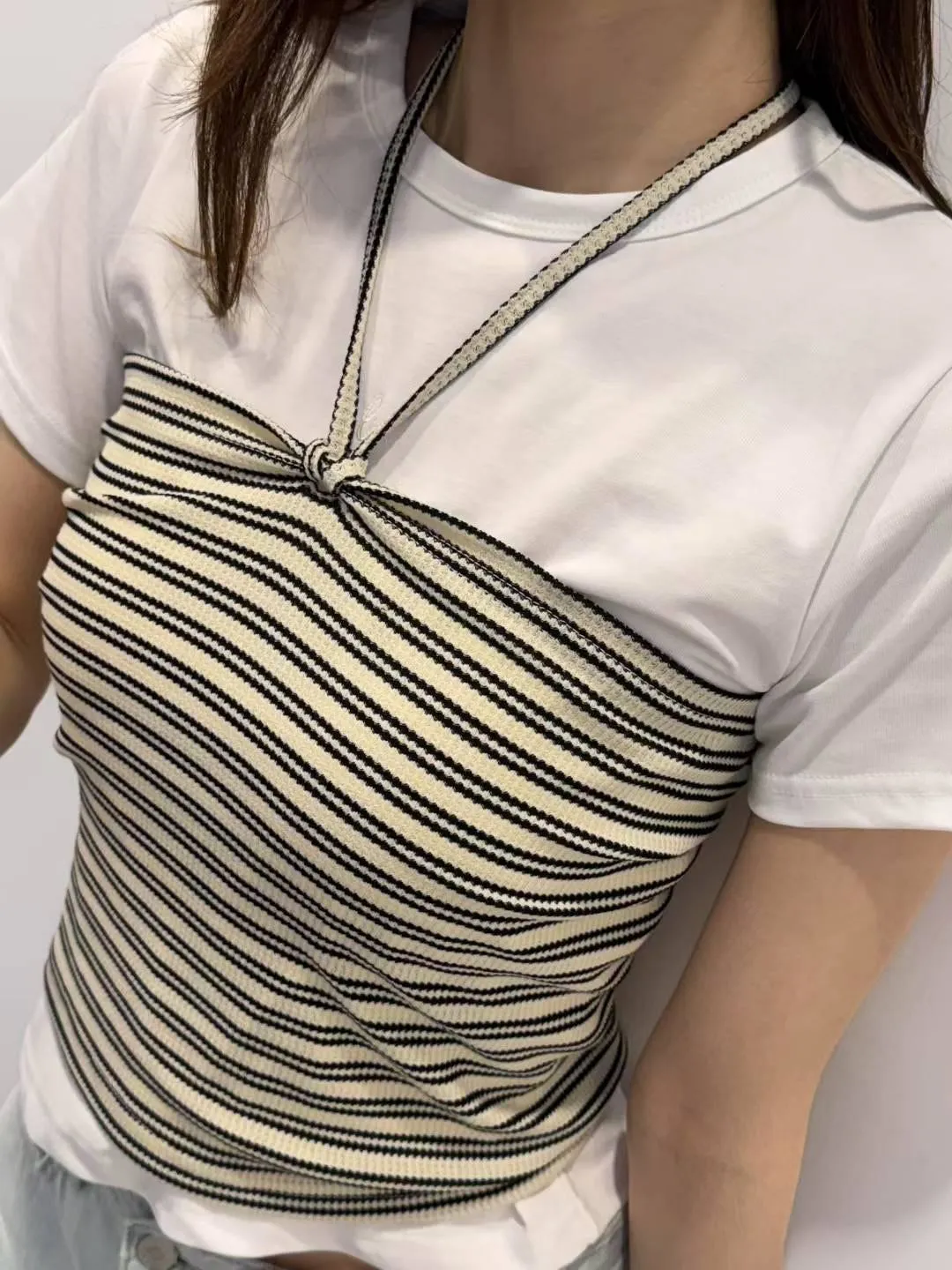 正韓褶皺條紋針織吊帶蝴蝶結層背心