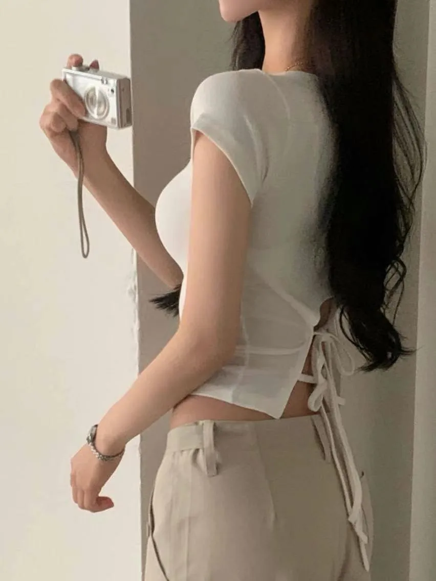 正韓後雙綁帶U領修身上衣