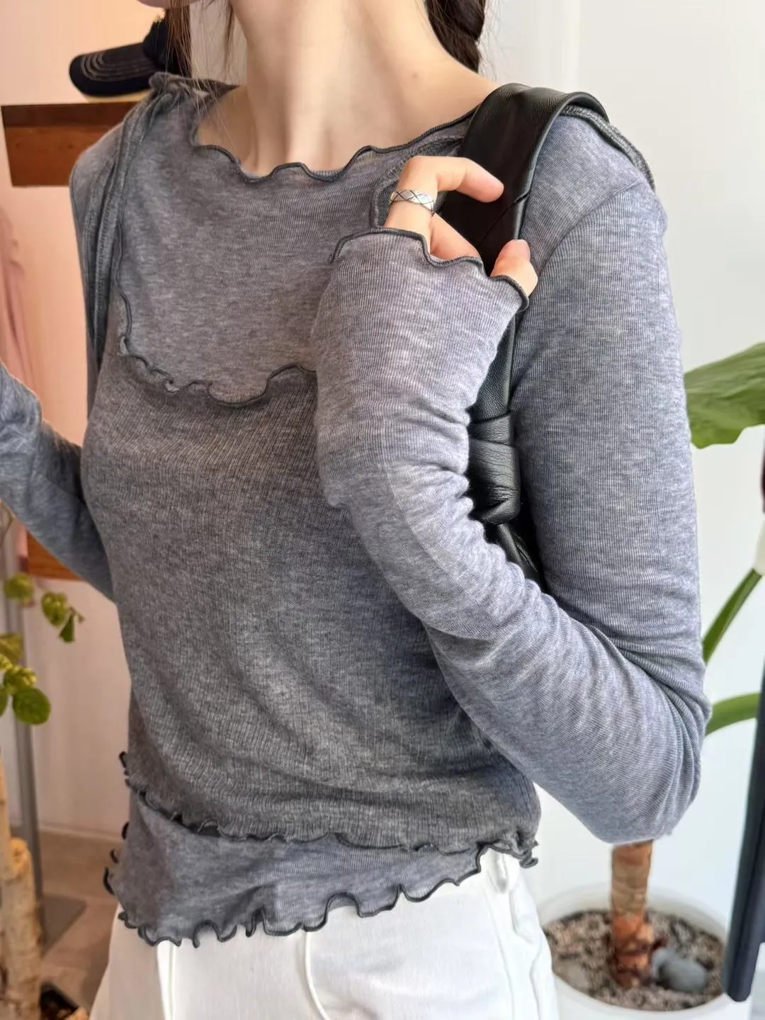 正韓荷葉邊螺紋蝴蝶結背心