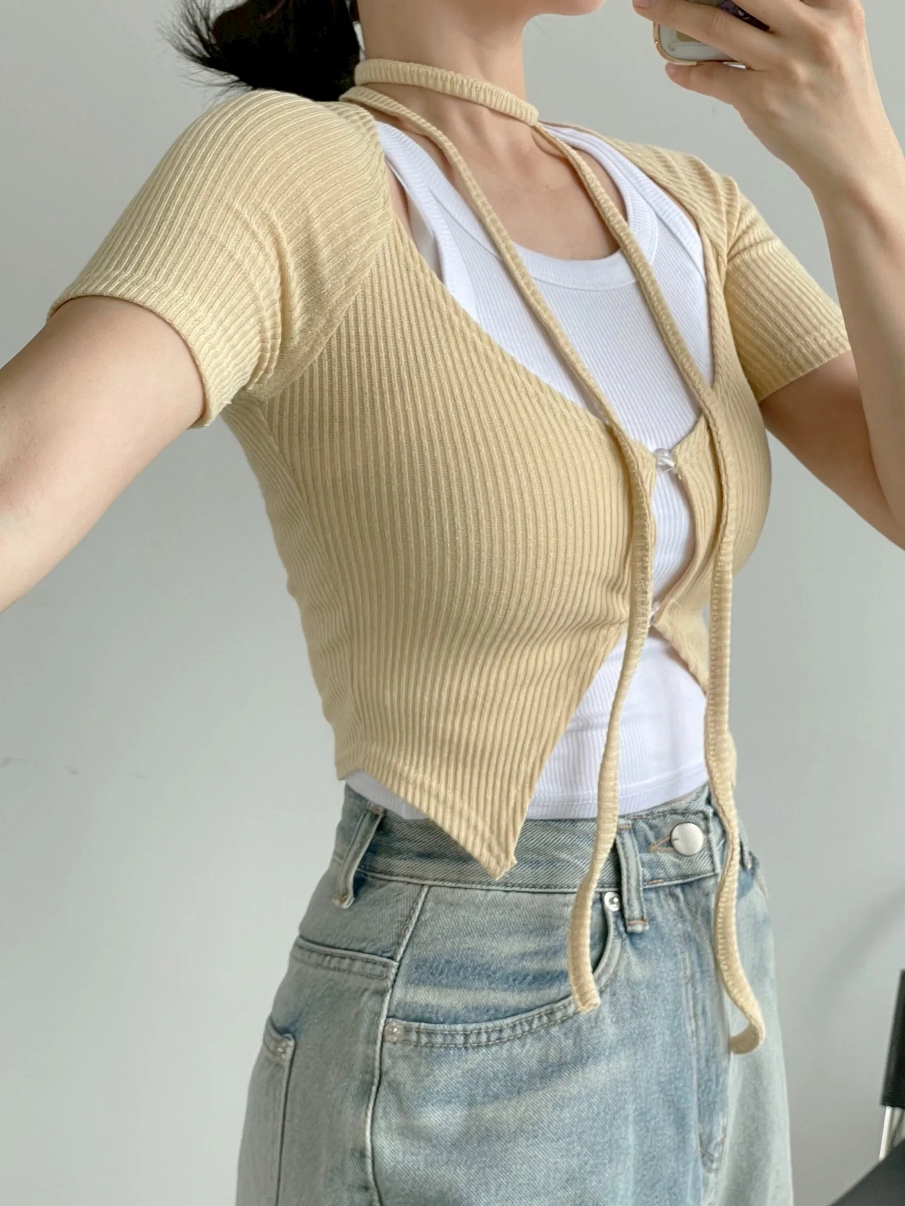 雙釦不規則附飄帶+背心套裝