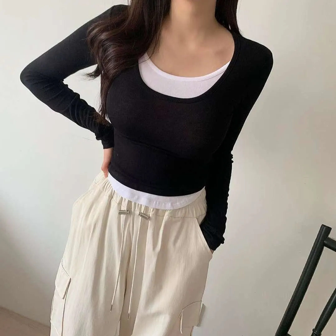 正韓拼接層次假兩件上衣