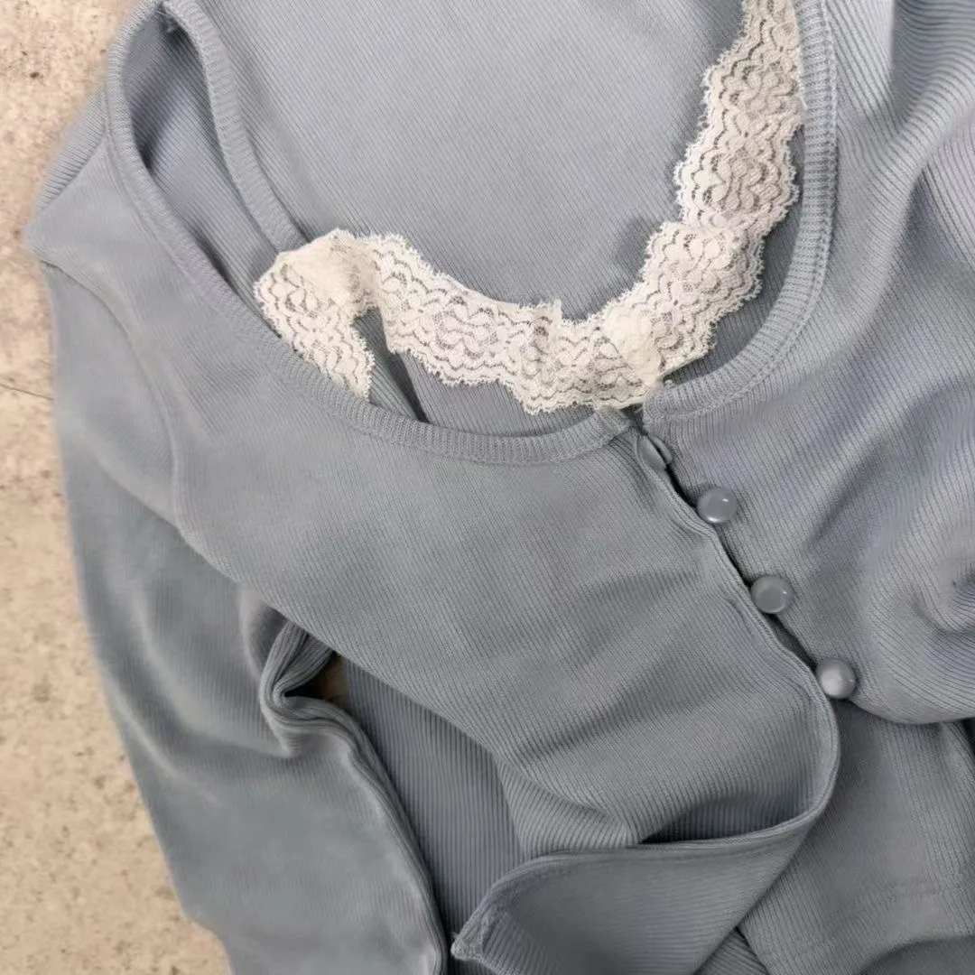 正韓貝貝蕾絲假兩件開衫