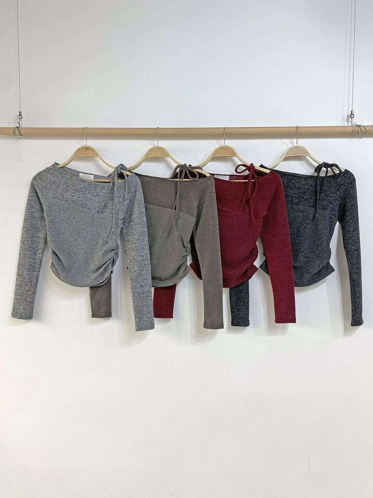 正韓露肩針織假兩件上衣