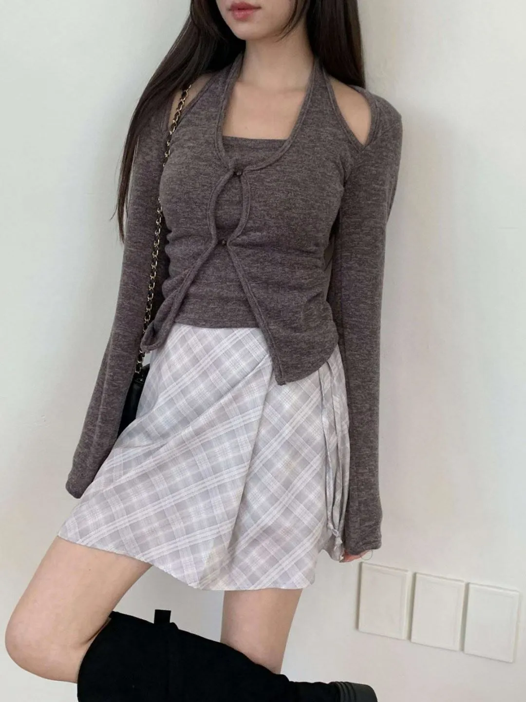 正韓掛脖針織鈕扣假兩件上衣