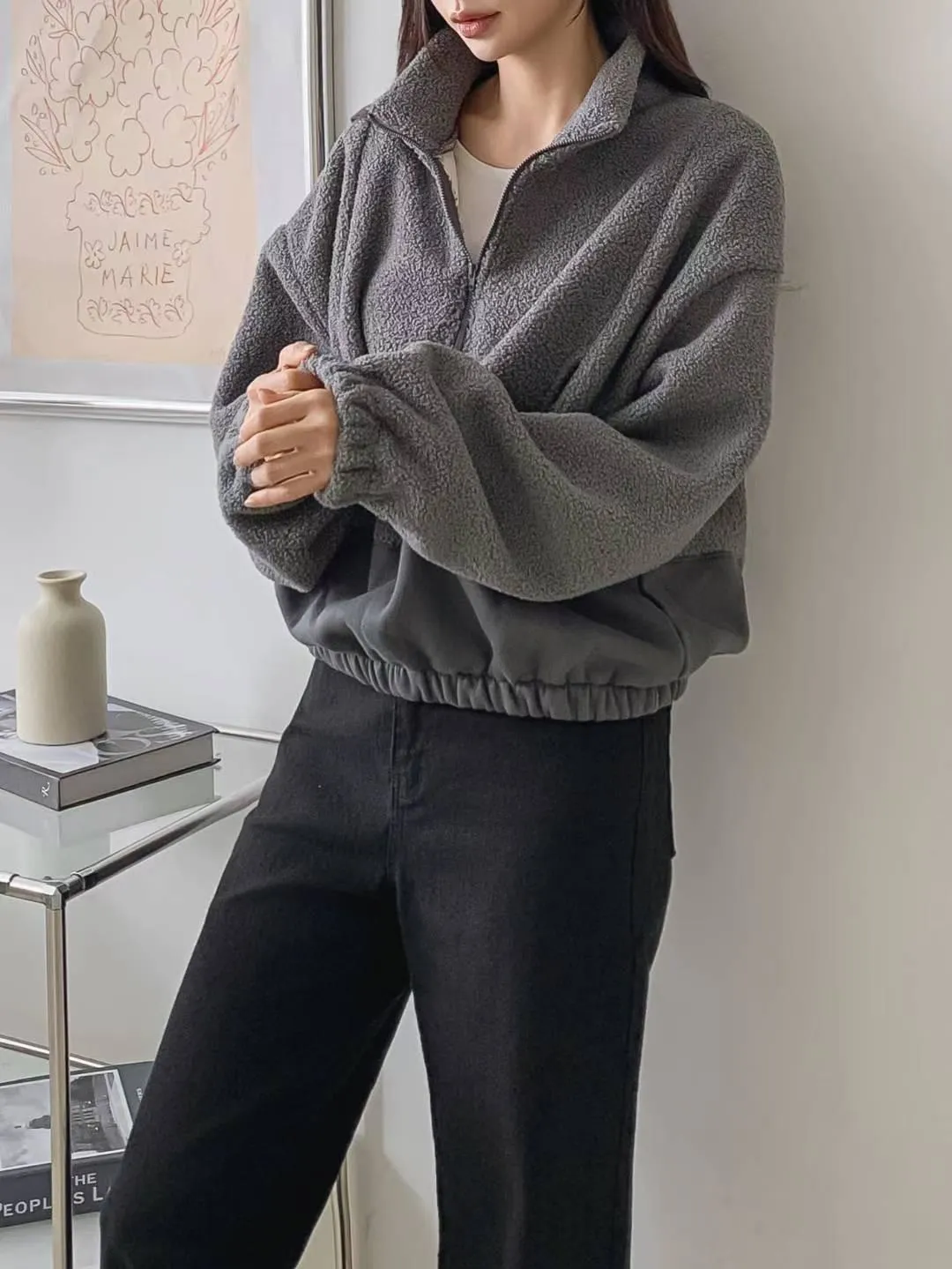 正韓QQ毛拉鏈口袋休閒上衣