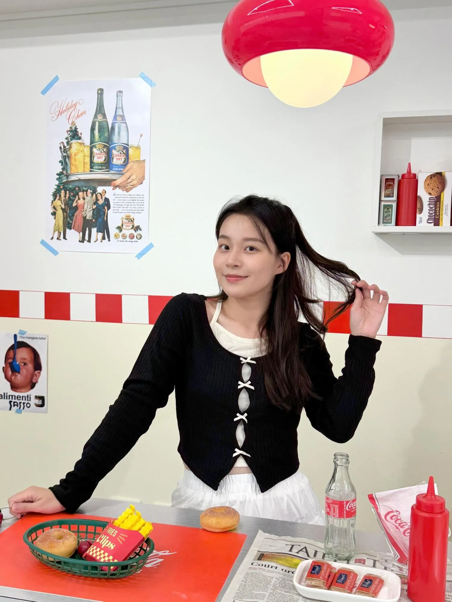 正韓螺紋緞帶長袖假兩件開衫