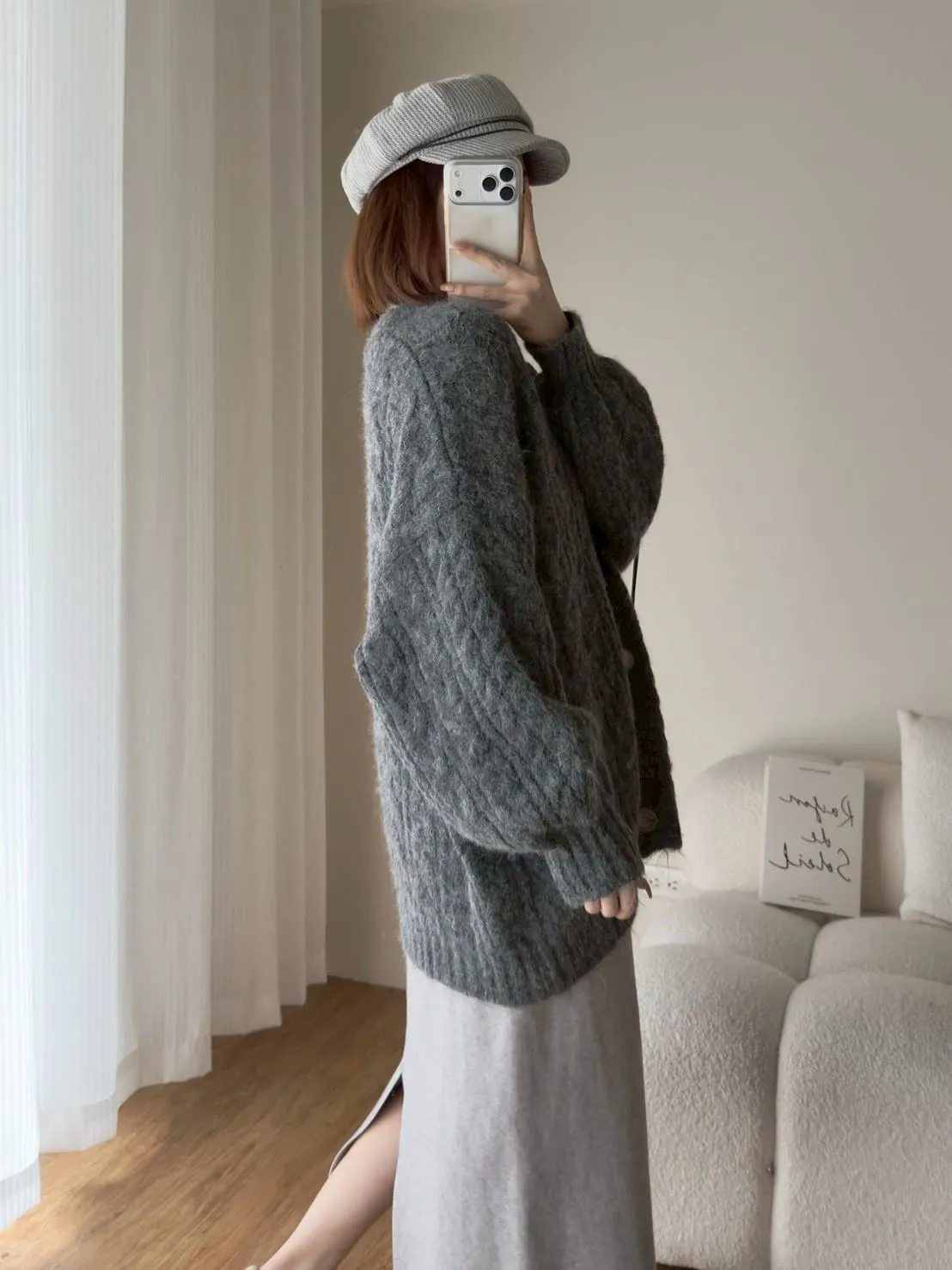 大版花苞袖麻花針織外套