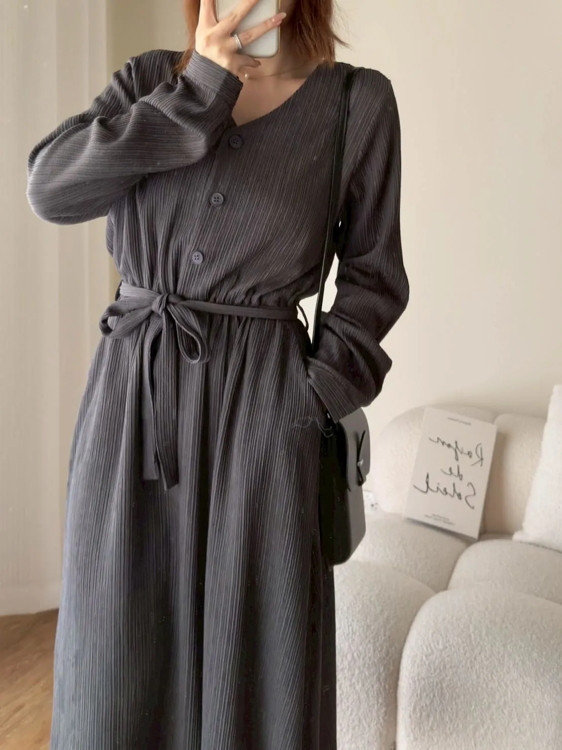 毛料V領排釦綁帶洋裝