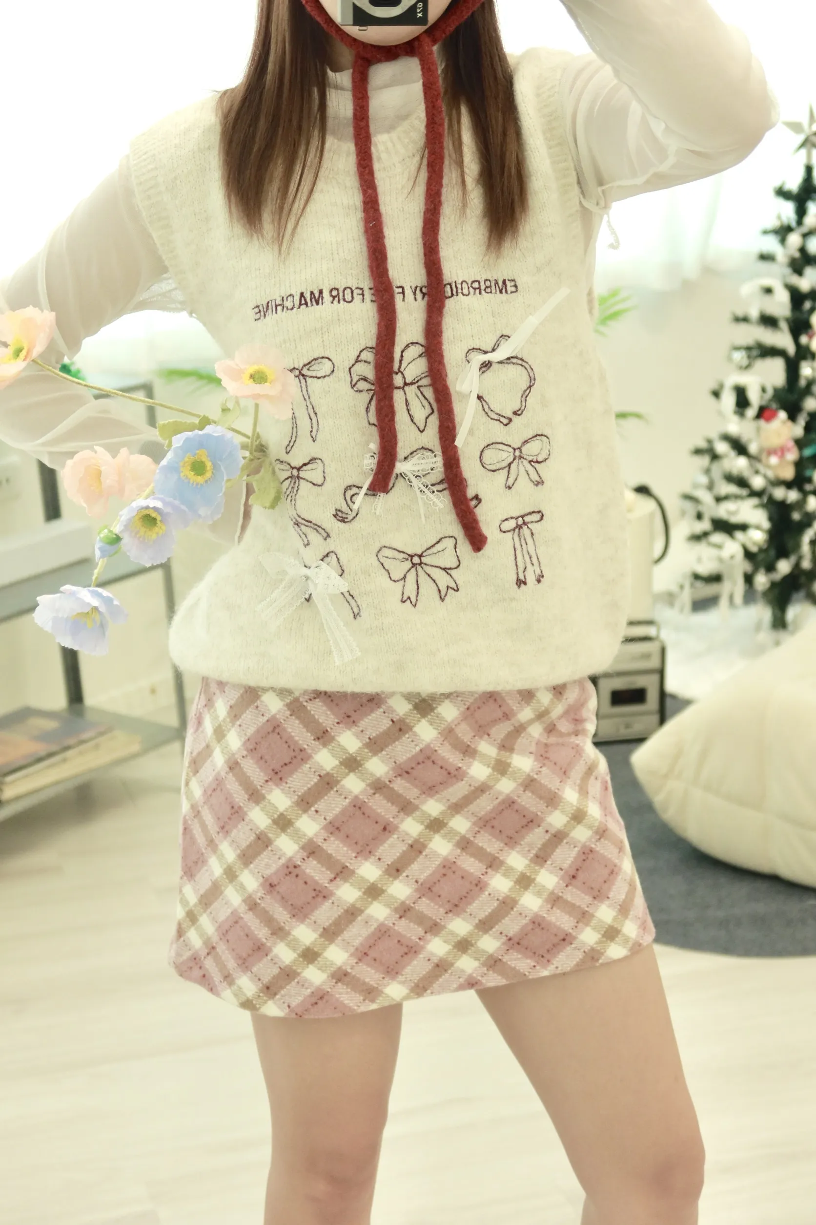 韓系休閒刺繡羊毛蝴蝶結背心