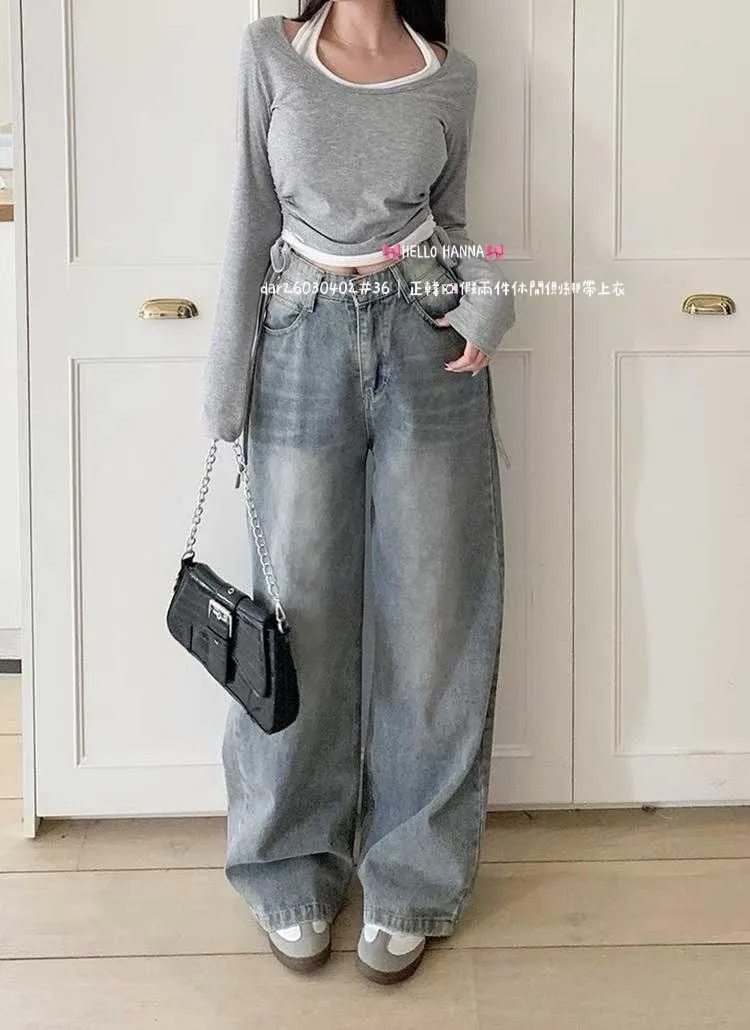 正韓 假兩件休閒側綁帶上衣