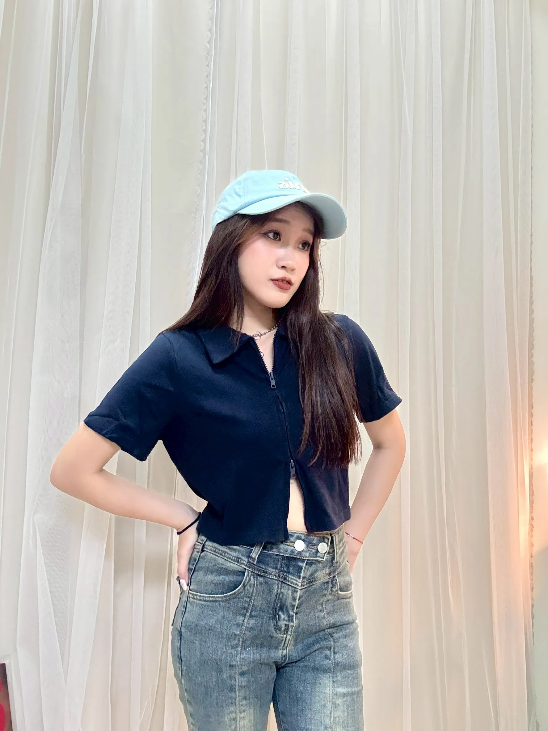 韓系穿搭-翻領雙拉鍊涼感短袖上衣