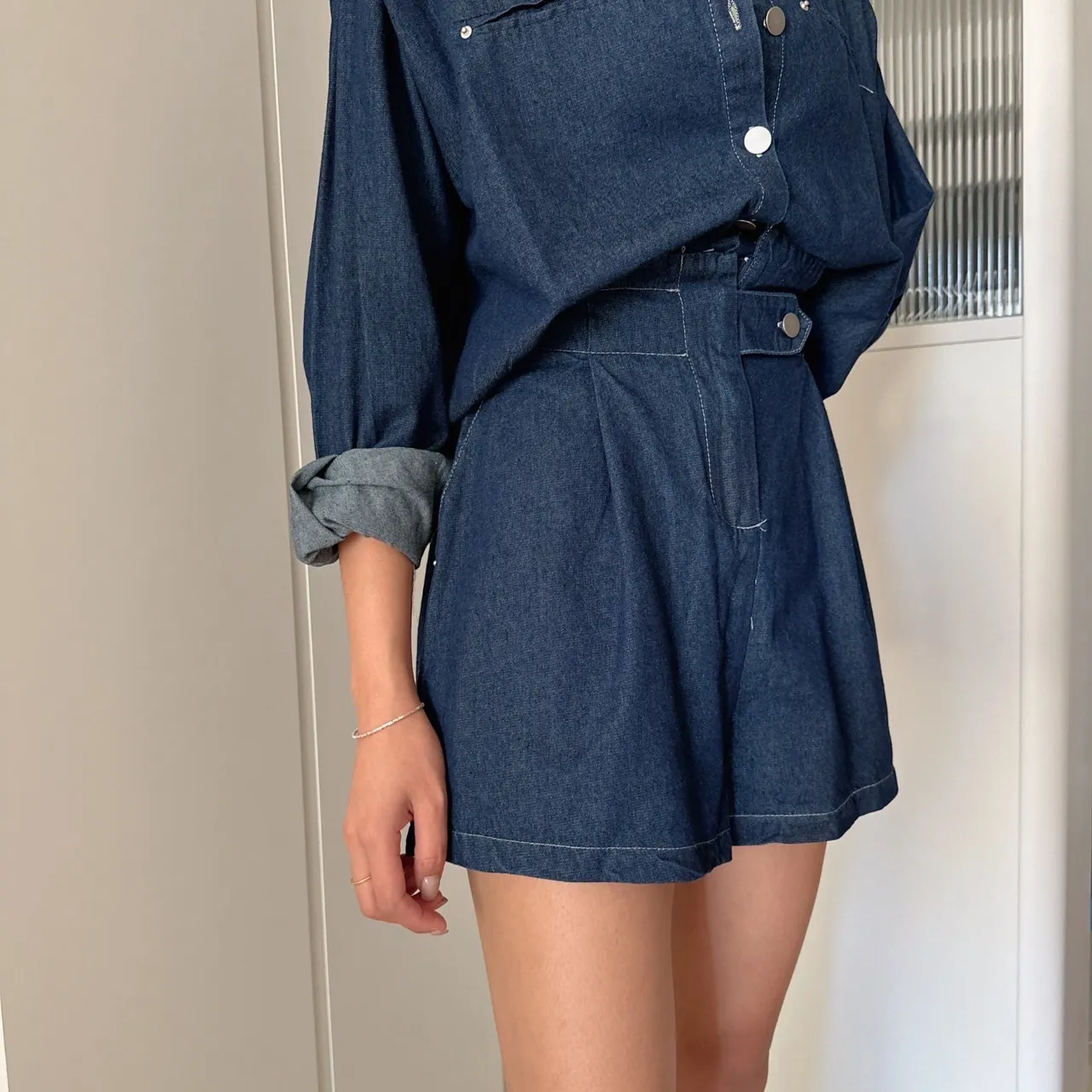 懶人穿搭-軟牛仔輕布襯衫顯瘦套裝