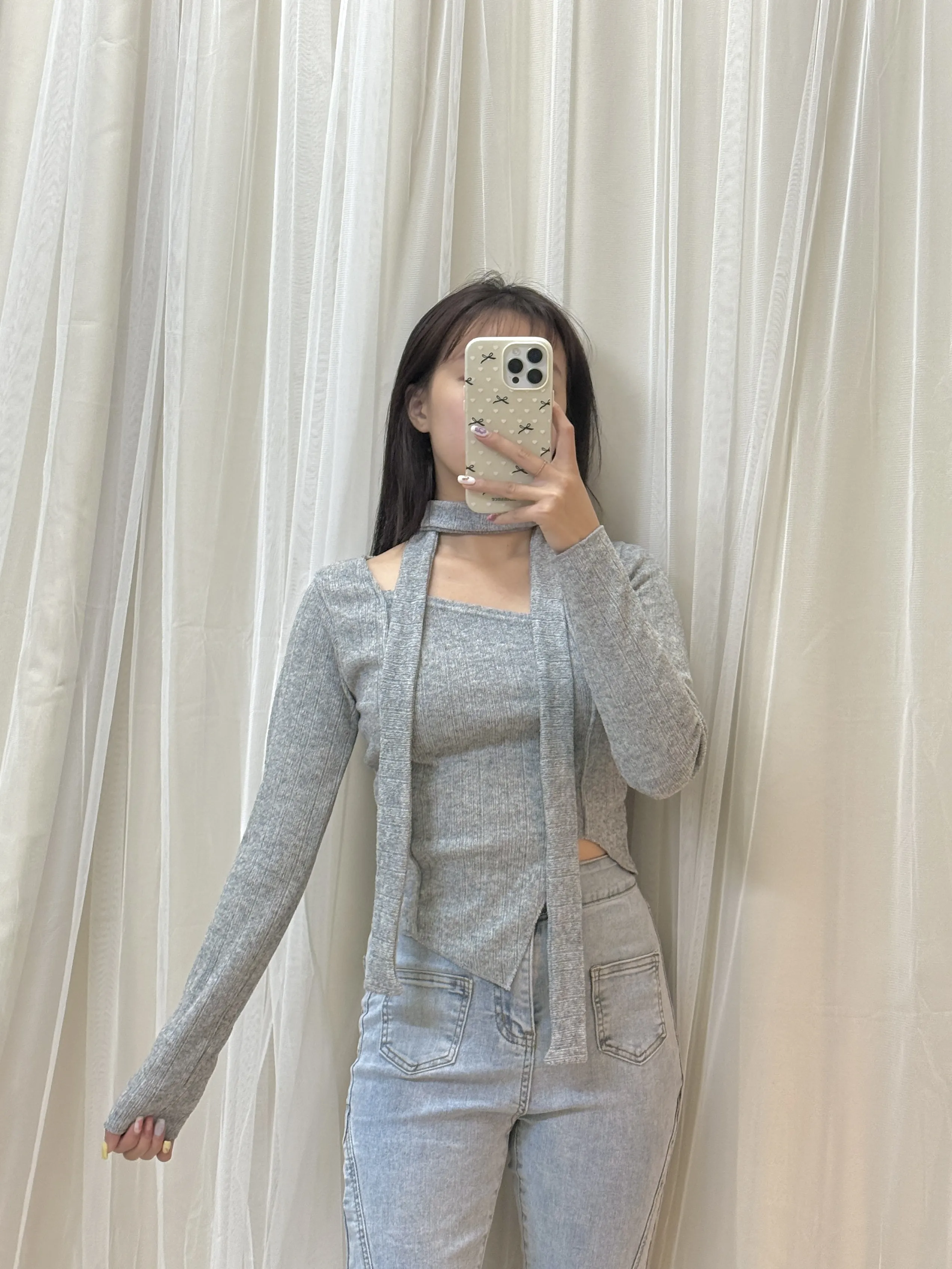 正韓-氣質溫柔掛脖不規則下擺上衣