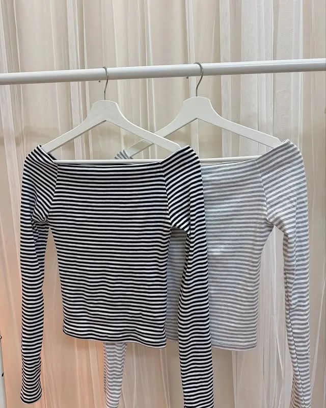 正韓條紋一字領修身上衣