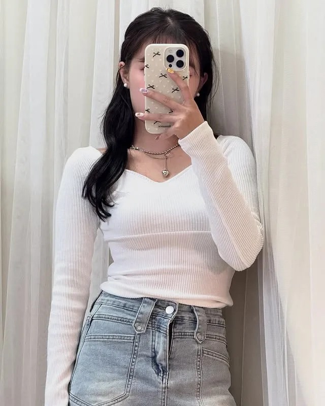 正韓心型領羅紋針織上衣