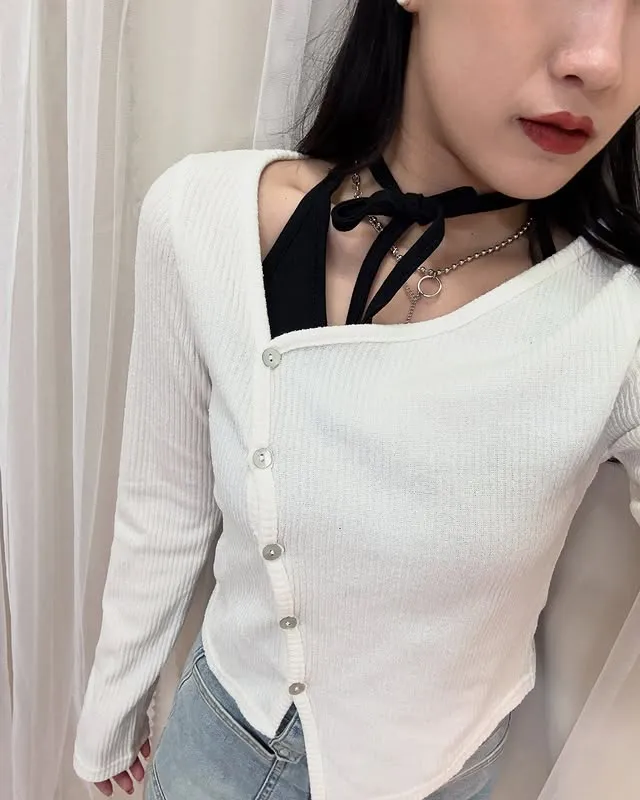 正韓不對稱羅紋長袖踢恤