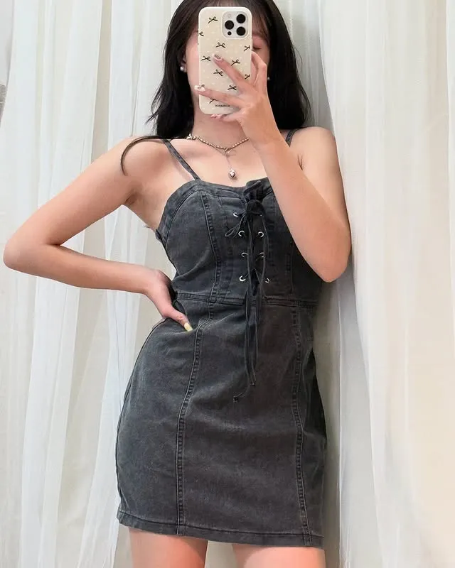正韓彈力牛仔綁繩洋裝