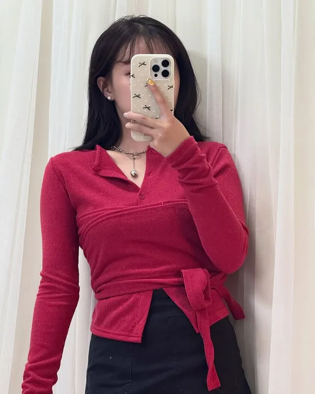 正韓裹身鈕扣緞帶長袖上衣