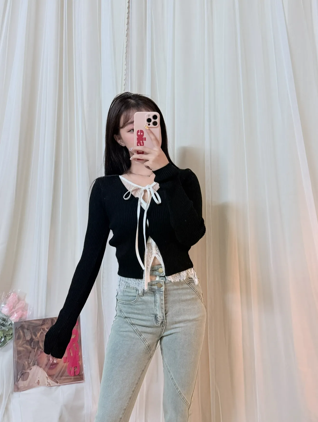 Threads爆紅-假兩件蕾絲拼接針織開衫氛圍感上衣