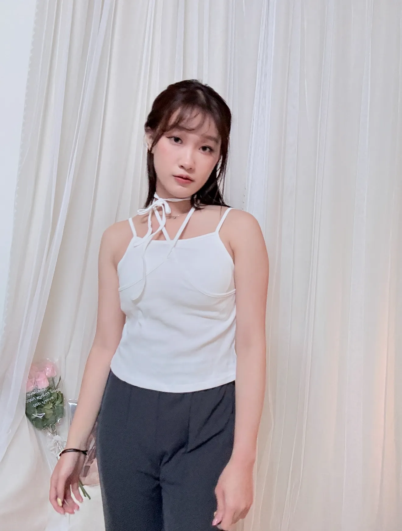 夏日心機-綁帶繞脖假兩件背心