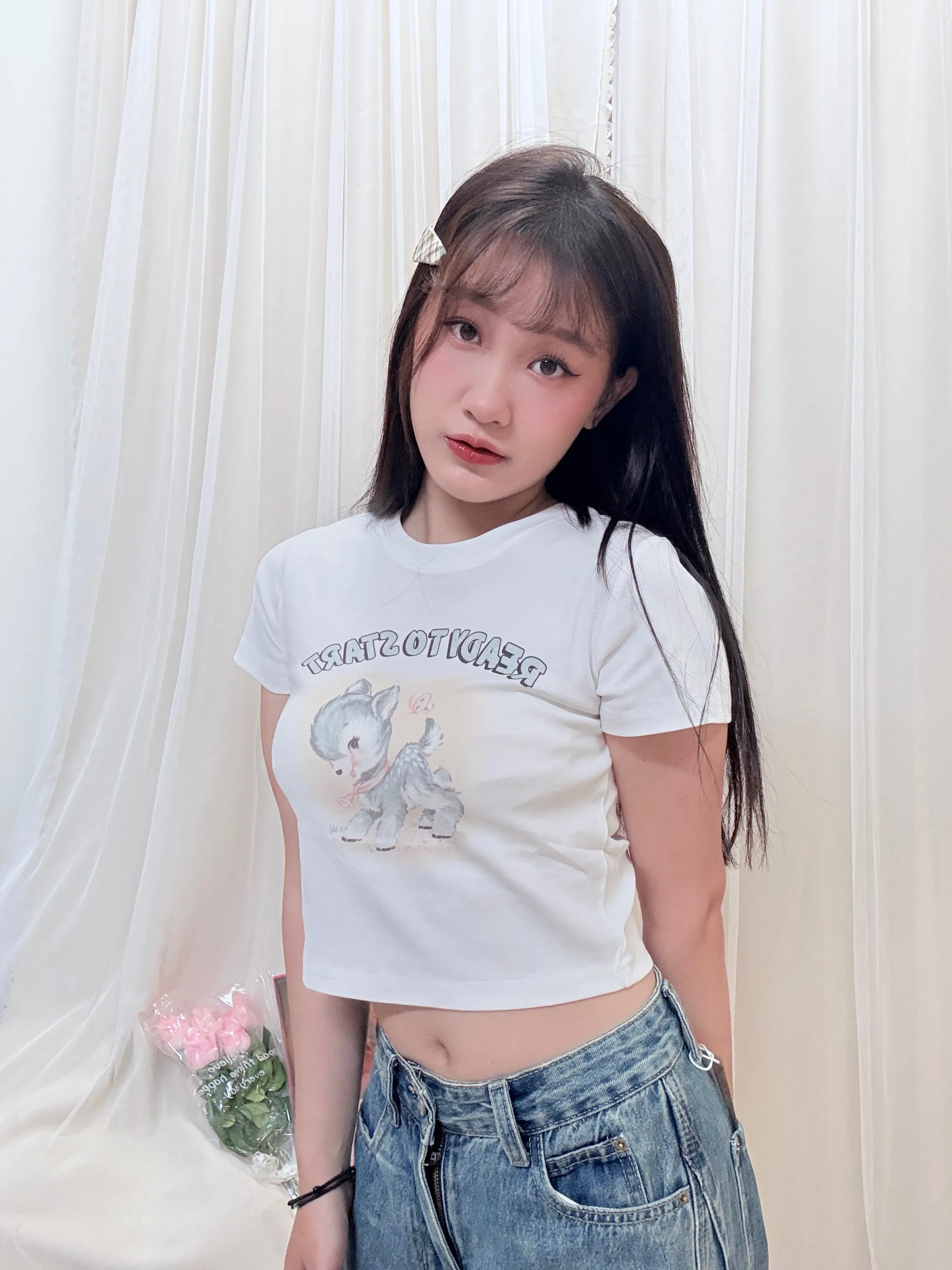 日常可愛-甜辣小鹿斑比卡通圓領小T